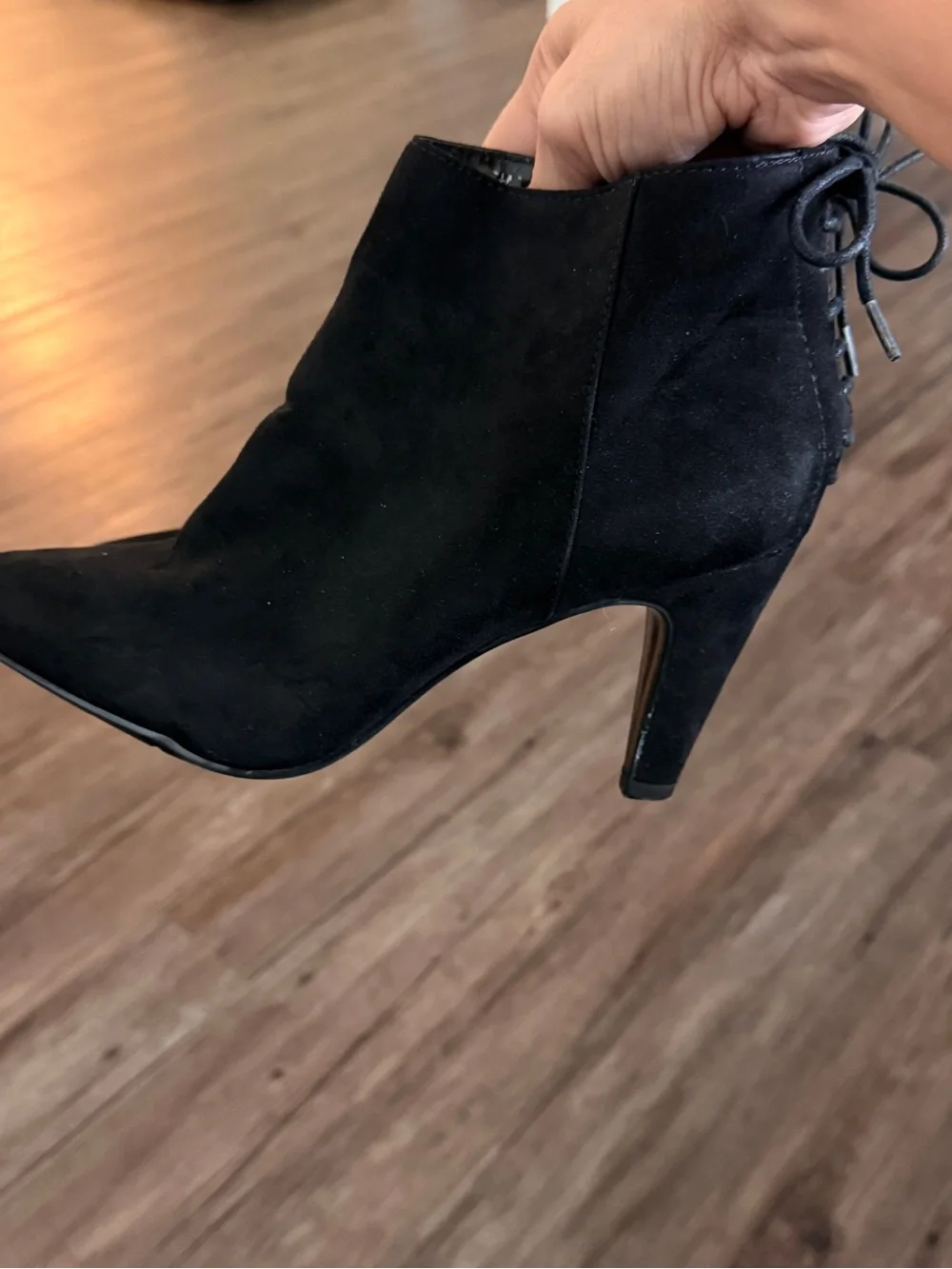 Bandolino Black Suede Pointed-Toe Ankle Booties with Back Lace